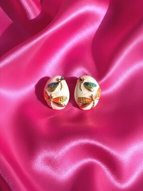 Statement Oval Earrings — Multicolor on Tan Cream- Women Retro Jewelry